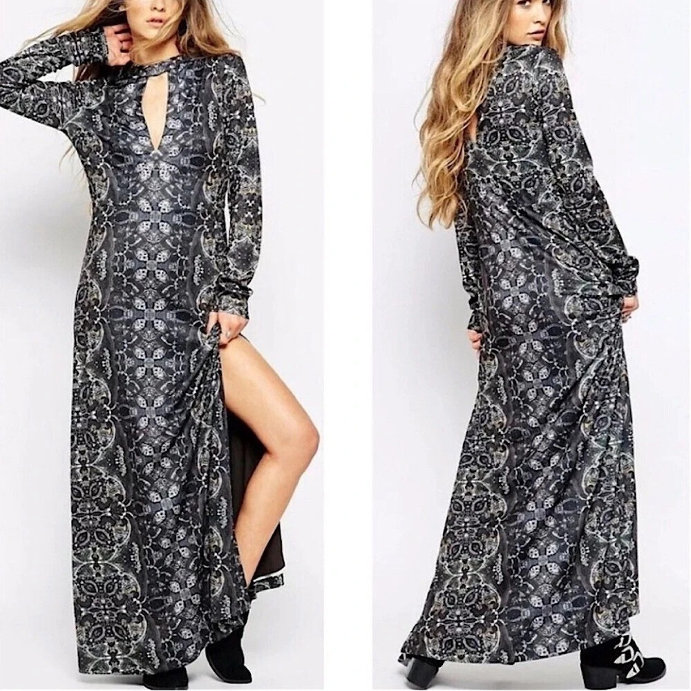 Free People Maxi Dress S‎ Cabaret Kaleidoscope Dark Combo Cut Out Slit Boho Goth